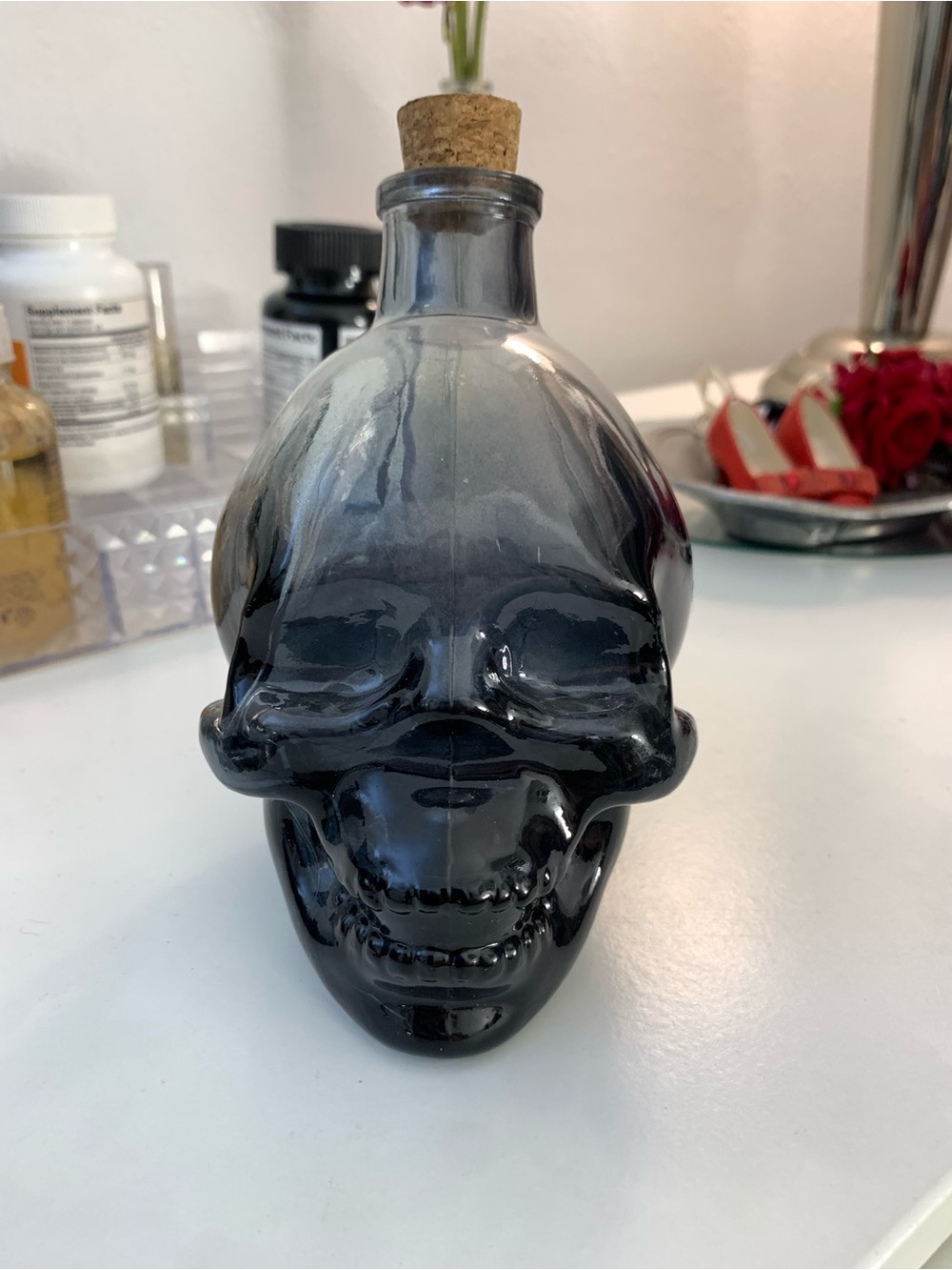 Smoky Black Glass Skull Vase with Cork Stopper